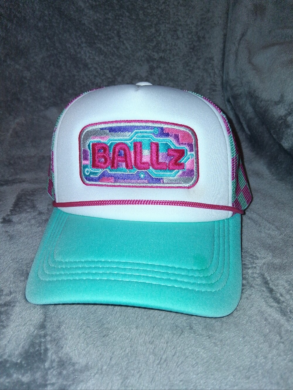 Hot Pink & Teal BALLz Embroidered Art Gingham Trucker Hat, Hot no Cap